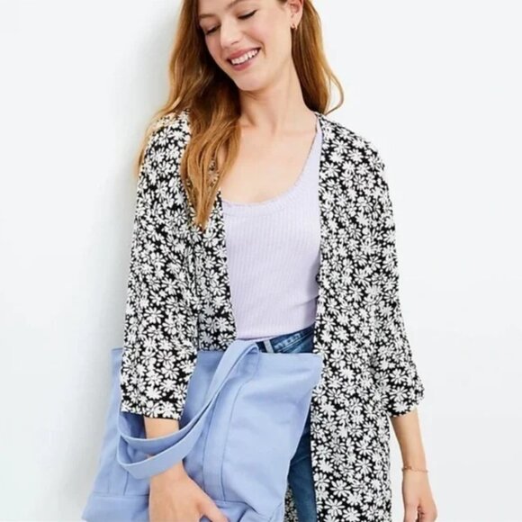 NWT LOFT | Black White Daisy Floral Long Kimono Duster Kaftan Open Front - Picture 1 of 7
